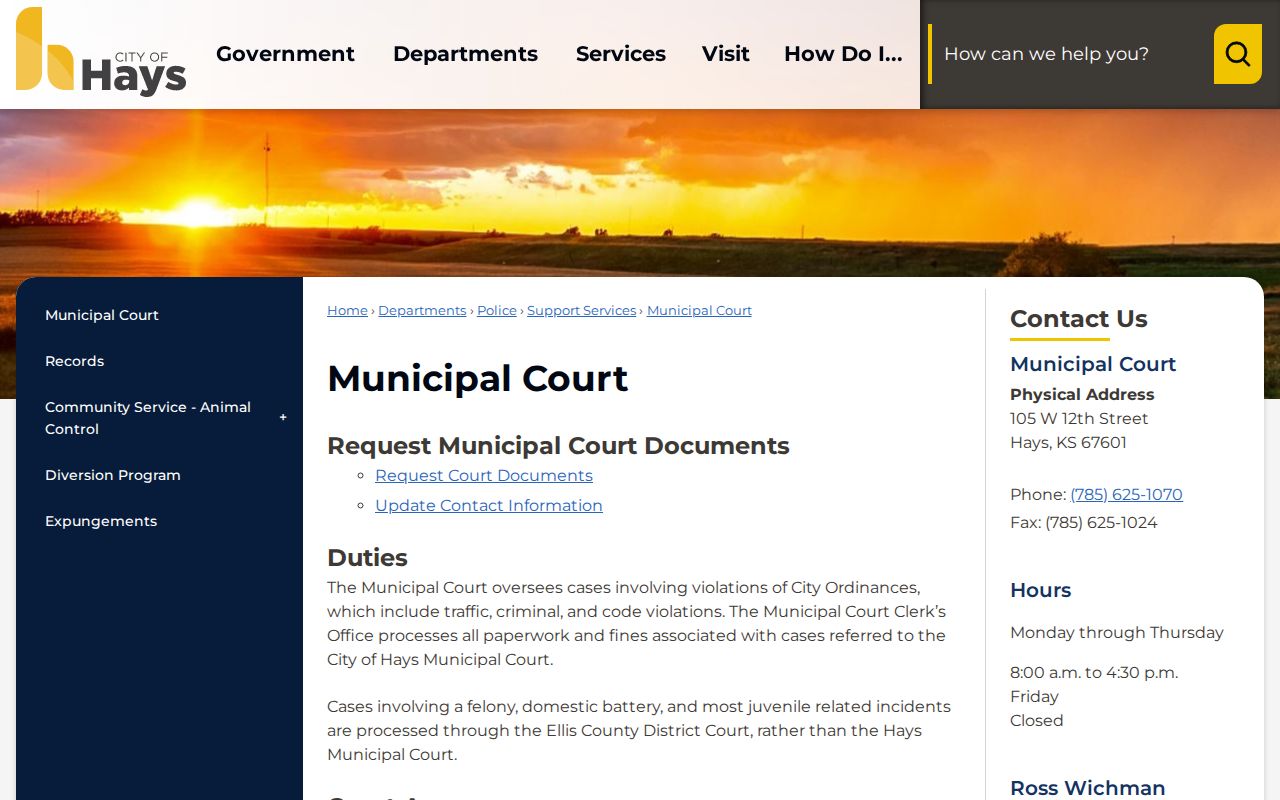 Hays Municipal Court official records page