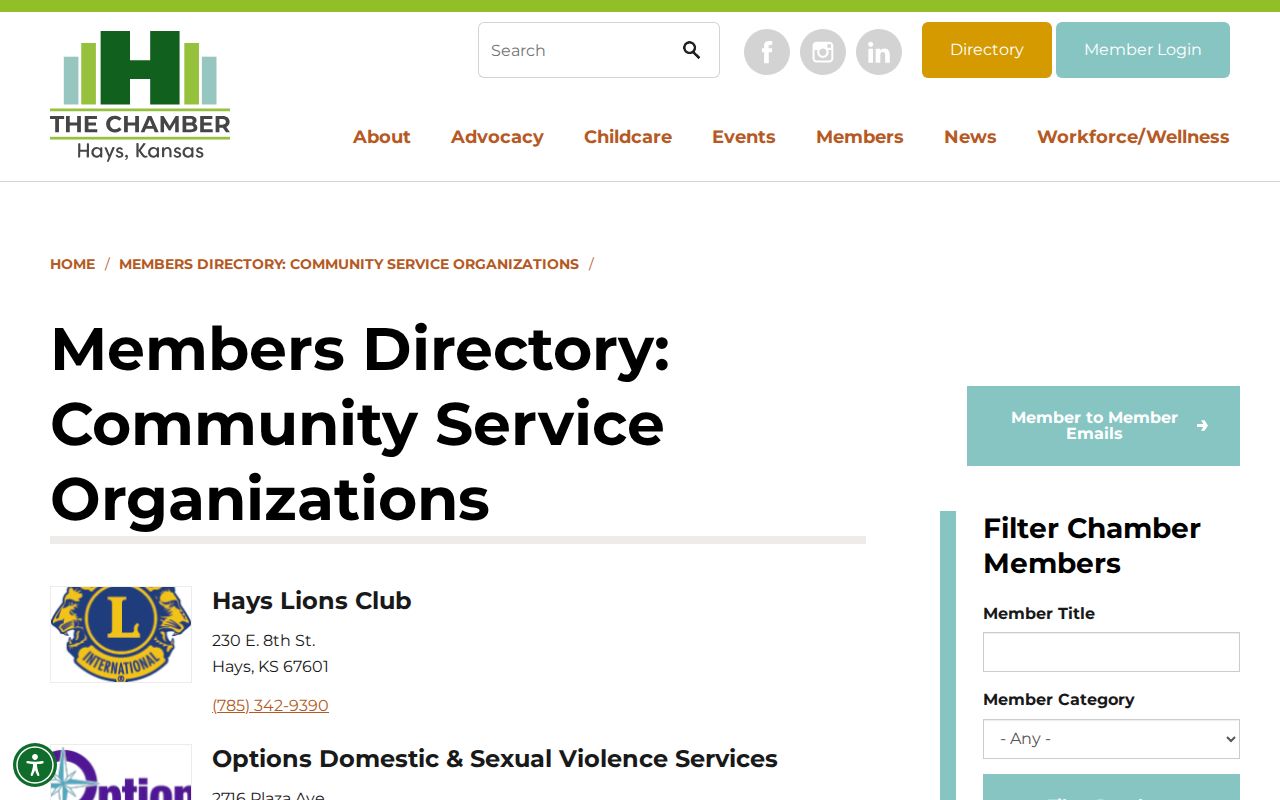 Hays Chamber community organizations directory for neighborhood context