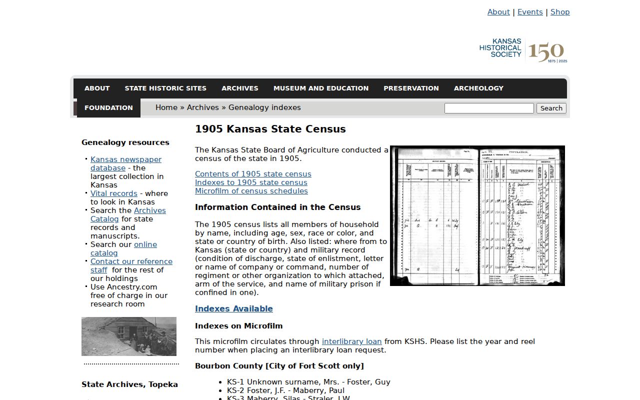 Kansas Historical Society 1905 census resource for Ellis County households