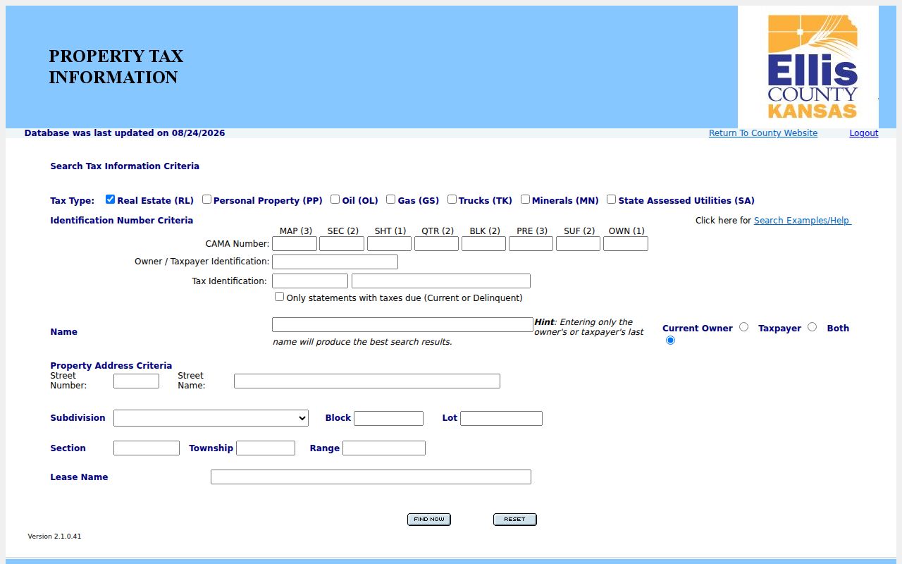 Ellis County tax search fields used for a Hays resident lookup