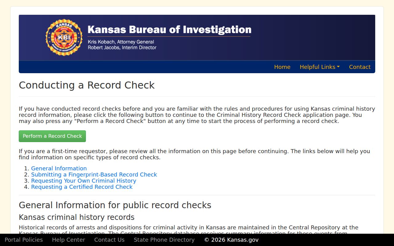 Kansas criminal history request guidance for a Hays name check
