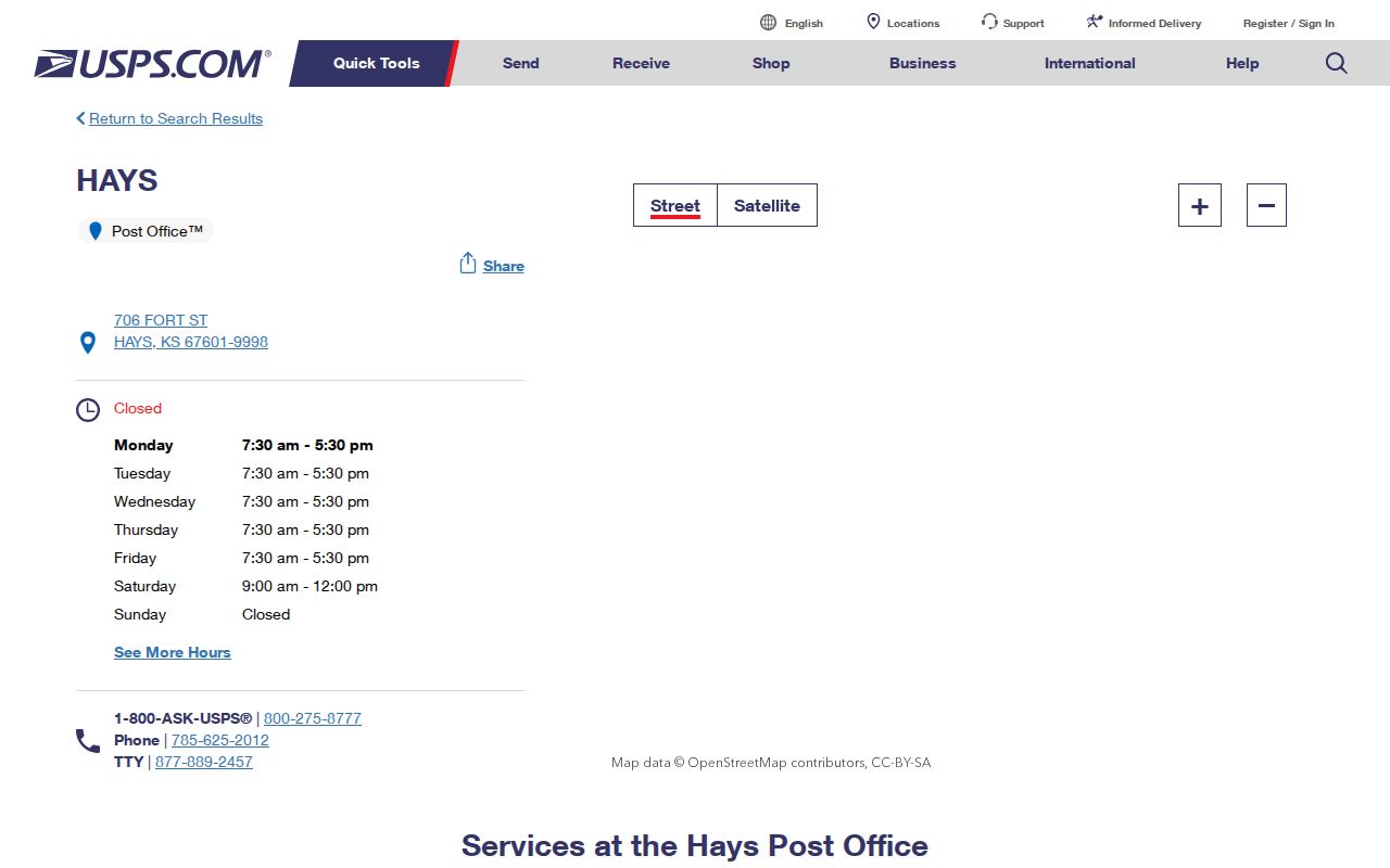 USPS Hays Post Office page for ZIP code 67601